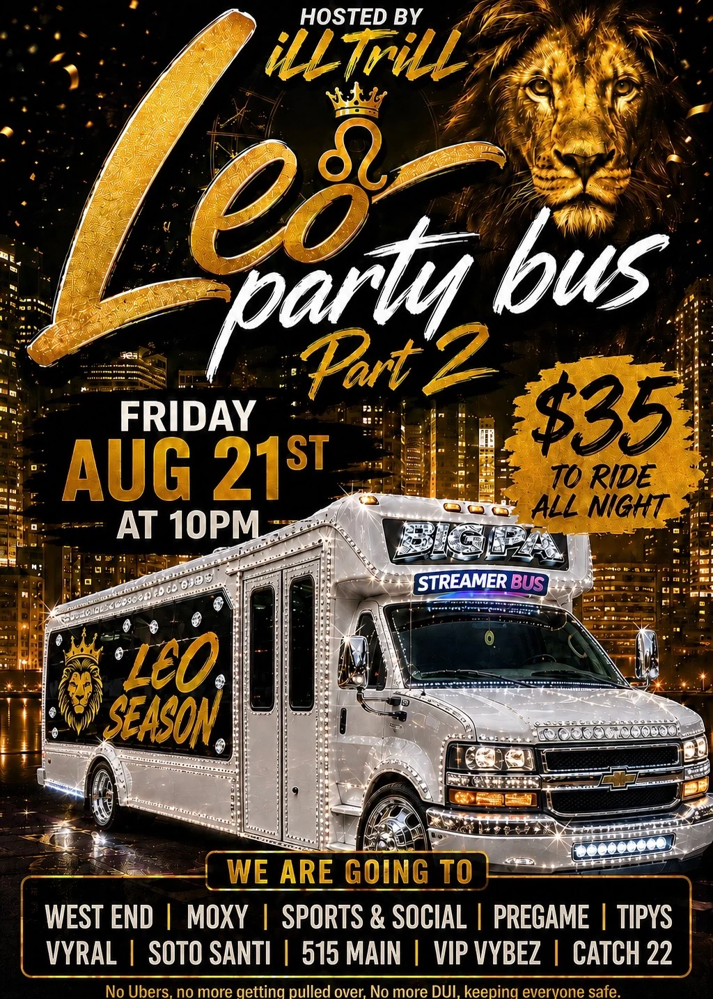 Leo party bus flyer